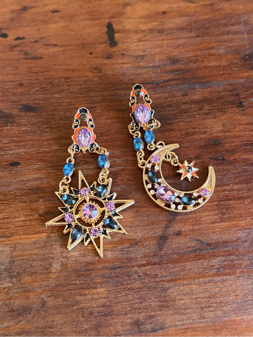 Celestial Star & Moon Drop Earrings - Gold with Purple and Blue Stones